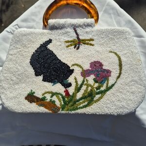 Embroidered Beaded Handbag with Amber Handle